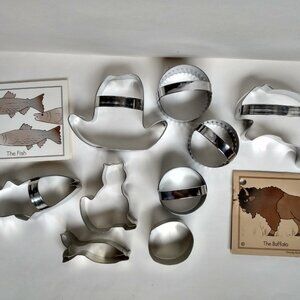 Lot of 9 Western Cowboy Hat Buffalo Fish Cat Round Metal Cookie Cutters Vintage